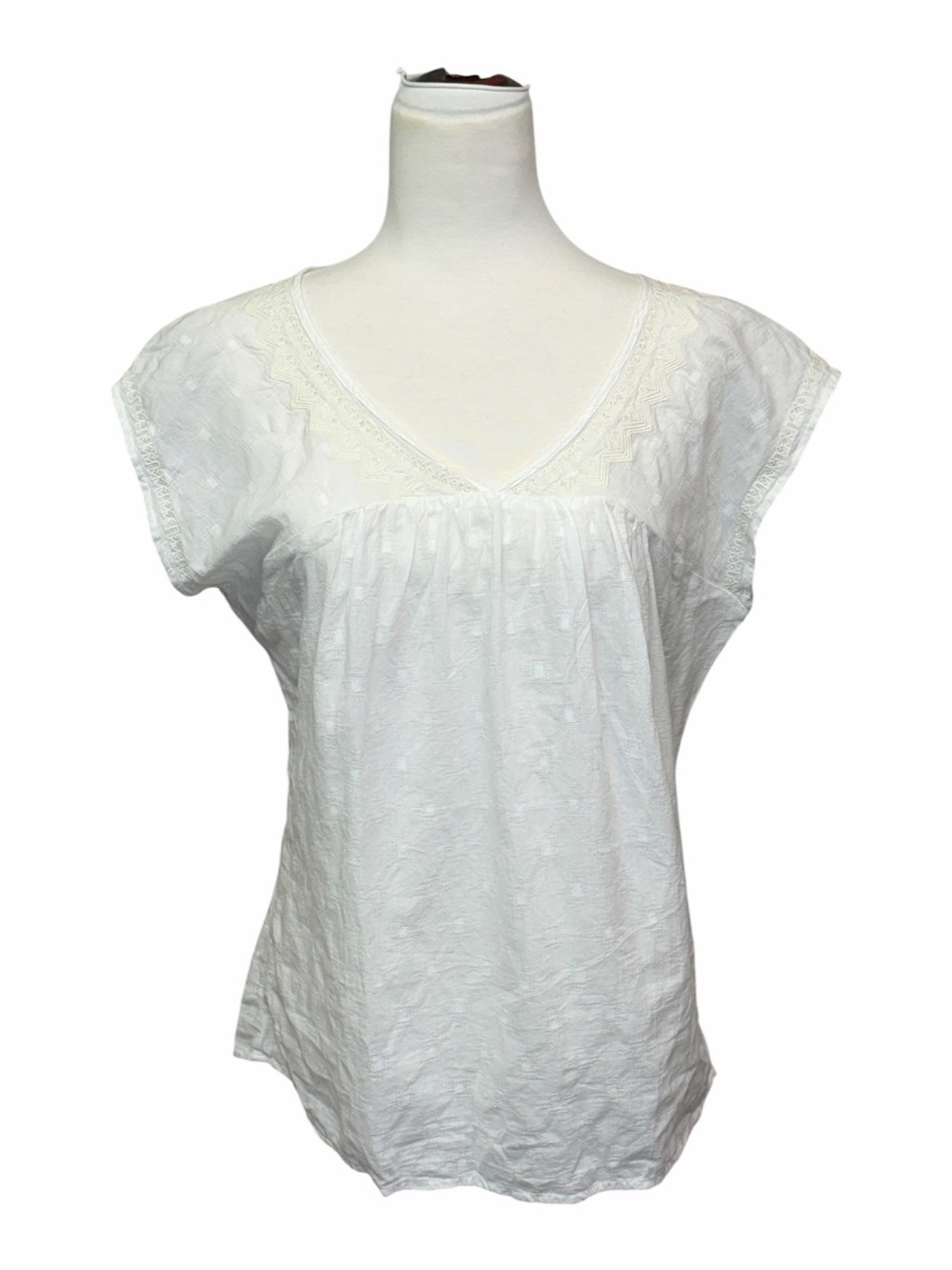 Prana Embroidered White V-Neck Cap Sleeve Blouse